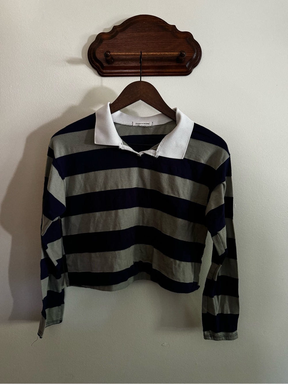Striped Long-Sleeve Polo Sweater in Navy and Sage